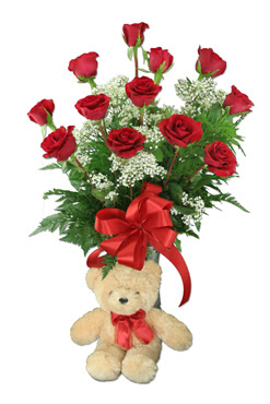 10 adet vazoda kirmizi g�l ve 12 cm ayi  T�rkiye cicek , cicekci 