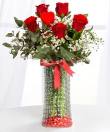 Cam vazoda 5 adet k�rm�z� g�l kalp �ubuk  T�rkiye �i�ek g�nderme sitemiz g�venlidir 