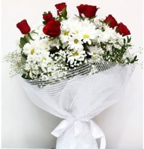 9 adet k�rm�z� g�l ve papatyalar buketi  T�rkiye ucuz �i�ek g�nder 