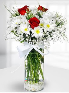3 k�rm�z� g�l ve krizantemler camda  T�rkiye uluslararas� �i�ek g�nderme 