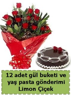 12 adet k�rm�z� g�l buketi ve ya� pasta  T�rkiye kaliteli taze ve ucuz �i�ekler 