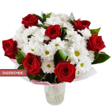 7 k�rm�z� g�l ve 1 demet krizantem  T�rkiye kaliteli taze ve ucuz �i�ekler 