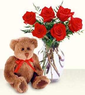  T�rkiye �i�ek yolla , �i�ek g�nder , �i�ek�i   cam yada mika vazo i�erisinde 6 adet g�l ve ayicik