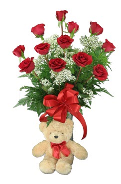10 adet vazoda kirmizi g�l ve 12 cm ayi  T�rkiye cicek , cicekci 