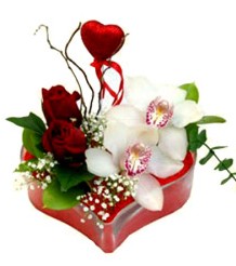  T�rkiye �i�ek�i ma�azas�  mika kalp i�inde 2 g�l 1 kandil orkide kalp �ubuk