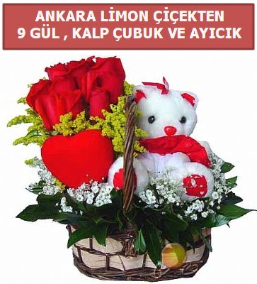 Kalp �ubuk sepette 9 g�l ve ay�c�k  T�rkiye online �i�ek�i , �i�ek sipari�i  
