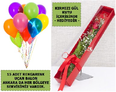 15 Adet u�an balon ve kutuda k�rm�z� g�l  T�rkiye �nternetten �i�ek sipari�i 