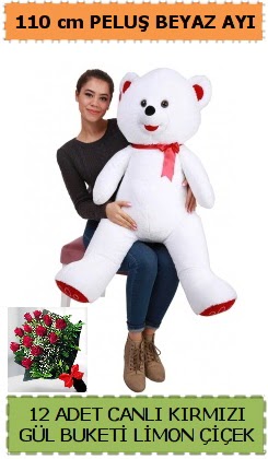 110 cm beyaz kocaman pelu� ay� ve 12 g�l  T�rkiye yurti�i ve yurtd��� �i�ek sipari�i 