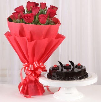 10 Adet k�rm�z� g�l ve 4 ki�ilik ya� pasta  T�rkiye �i�ek sat��� 