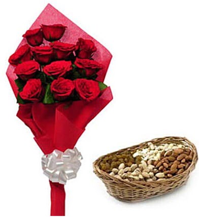 11 adet k�rm�z� g�l ve sepette kuruyemi�  T�rkiye �i�ek sat��� 