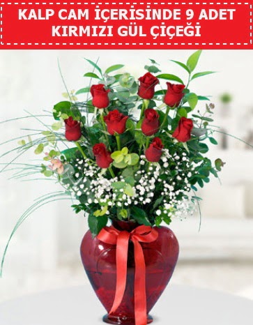 K�rm�z� kalp camda 9 k�rm�z� g�l  T�rkiye �i�ek yolla , �i�ek g�nder , �i�ek�i  