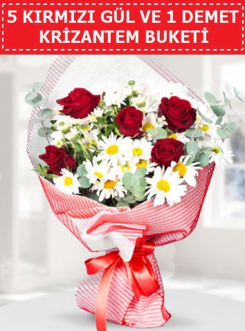 5 adet k�rm�z� g�l ve krizantem buketi  T�rkiye �i�ek yolla , �i�ek g�nder , �i�ek�i  
